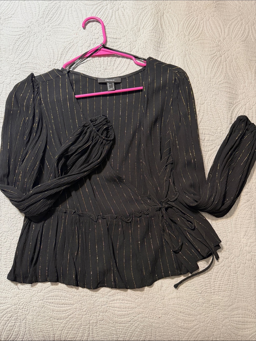 Forever 21 Black Wrap Blouse with Gold Pinstripes